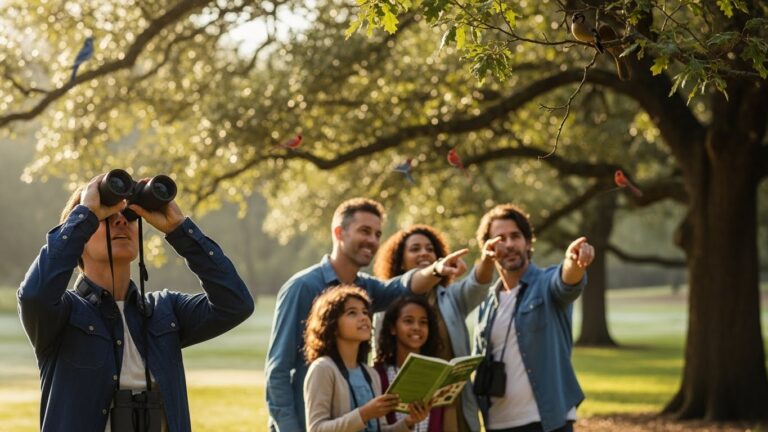 Beginners learning how to start birdwatching with binoculars in local park